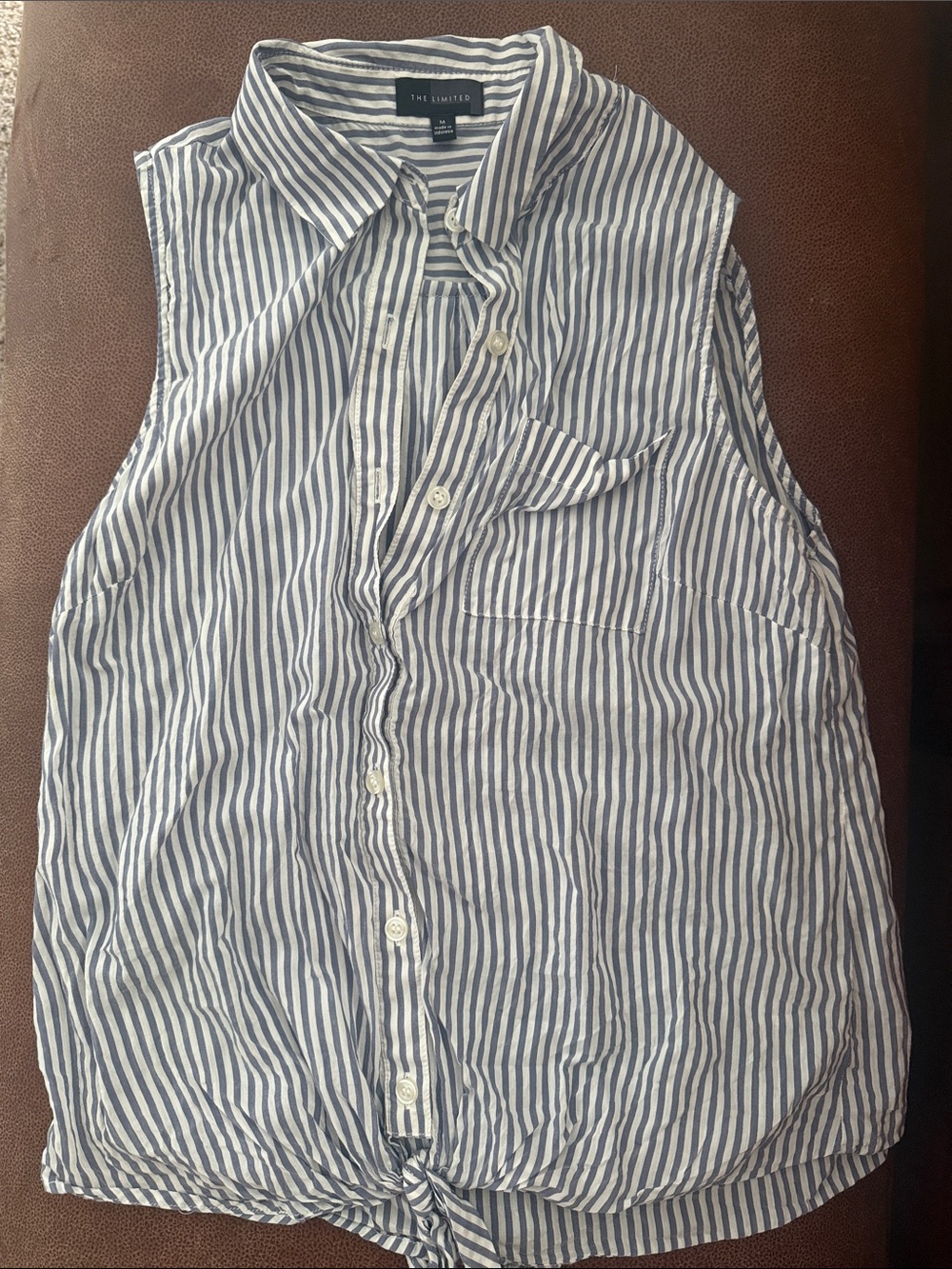 The Limited Blue and White Striped Sleeveless Button-Front Tie Hem Top